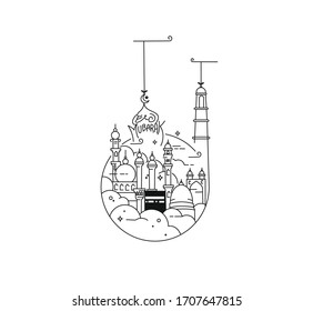 Holy Kaaba in Mecca Saudi Arabia, Flat Line Art Vector illustration.
