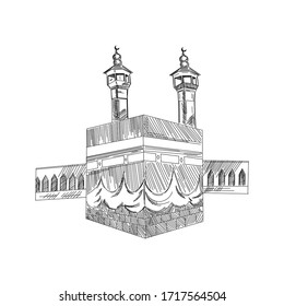 Holy Kaaba in Mecca Saudi Arabia with muslim people, vintage engraved illustration, hand drawn, sketch