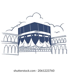 Holy Kaaba in Mecca Saudi Arabia vintage engraved style. Hand drawn Kaaba the Qiblah of the Muslims. Islamic holy day Ramadan Kareem and Eid Al Adha greeting card