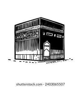 Holy Kaaba in Mecca Saudi Arabia, Greeting card for Ramadan Kareem. Vector illustration, hand drawn, sketch