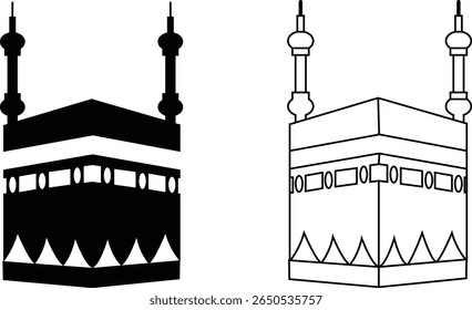 Holy Kaaba in Mecca Saudi Arabia, Hand drawn sketch vector illustration. Panoramic of Kaaba for hajj steps in Al-Haram Mosque symbol collection isolated on transparent background. Creative design.