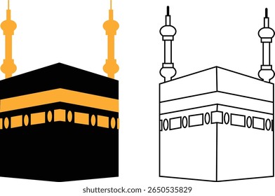 Holy Kaaba in Mecca Saudi Arabia, Hand drawn sketch vector illustration. Panoramic of Kaaba for hajj steps in Al-Haram Mosque symbol collection isolated on transparent background. Creative design.