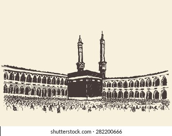 Holy Kaaba in Mecca Saudi Arabia with muslim people, vintage engraved illustration, hand drawn, sketch