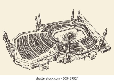 Holy Kaaba in Mecca Saudi Arabia with muslim people, vintage engraved illustration, hand drawn, sketch