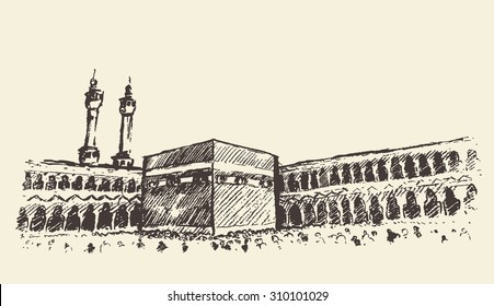 Holy Kaaba in Mecca Saudi Arabia with muslim people, vintage engraved illustration, hand drawn, sketch