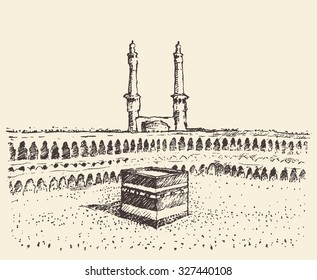 Holy Kaaba in Mecca Saudi Arabia with muslim people, vintage engraved illustration, hand drawn, sketch