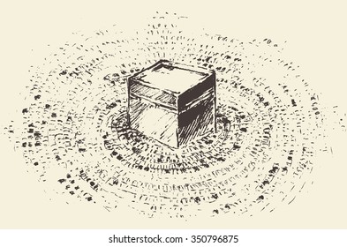 Holy Kaaba in Mecca Saudi Arabia with muslim people, vector engraved illustration, hand drawn