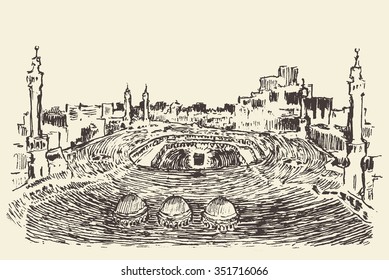 Holy Kaaba in Mecca Saudi Arabia with muslim people, vector engraved illustration, hand drawn