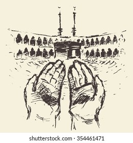Holy Kaaba in Mecca Saudi Arabia with praying hands, vector engraved illustration, hand drawn