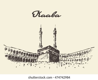 Holy Kaaba in Mecca Saudi Arabia with muslim people, vintage engraved illustration, hand drawn, sketch