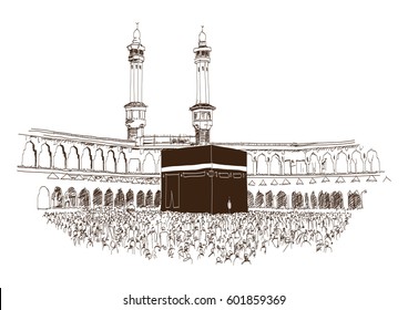 Holy Kaaba in Mecca Saudi Arabia with muslim people, hand drawn, vector sketch