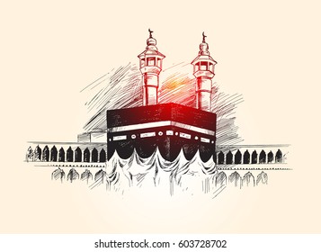 Holy Kaaba in Mecca Saudi Arabia,  Hand Drawn Sketch Vector illustration.