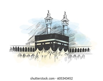 Holy Kaaba em Meca Arábia Saudita, Hand Drawn Sketch Vector illustration.