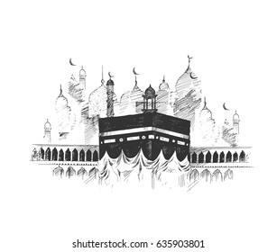 Holy Kaaba in Mecca Saudi Arabia, Hand Drawn Sketch Vector illustration.