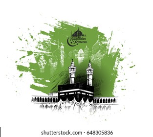 Holy Kaaba in Mecca Saudi Arabia, Hand Drawn Sketch Vector illustration.