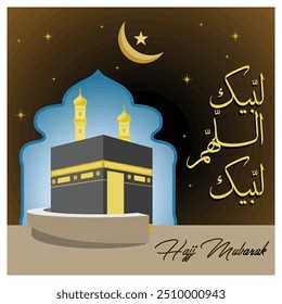The holy Kaaba and the minaret of the mosque. Crescent moon and stars in the night sky. Islamic Hajj concept. Flat vector illustration.
