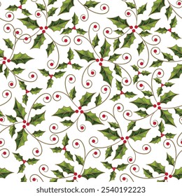 Holy Leaf Pattern and Red Berries Seamless Pattern Vector