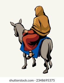 Holy lord god messiah enter jordan desert tourist king city faith saint jew girl Mary child dress cloth white road way scene. Hand drawn retro story art ass entry male boy kid catholic history symbol