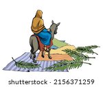Holy lord messiah king faith bless saint jew girl lady dress cloth white road way last week scene. Hand drawn ass ride city travel come hosanna male son boy kid sketch old catholic cartoon picture art
