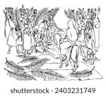 Holy lord messiah king faith bless saint jew girl lady dress cloth white road way last week scene. Hand drawn ass ride city travel come hosanna male son boy kid sketch old catholic cartoon picture art