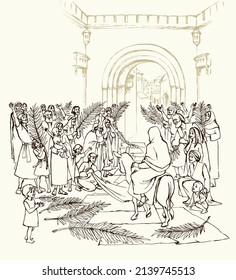 Holy lord messiah king faith bless saint jew girl lady dress cloth white road way last week scene. Hand drawn ass ride city travel come hosanna male son boy kid sketch old catholic cartoon picture art