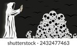 Holy man Stops the War. Person in a shroud and mountain skulls. The Apotheosis of War concept. Vector illustration can used web banner. EPS 10 Editable stroke