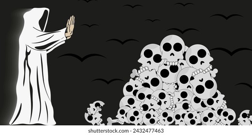 El hombre santo detiene la guerra. Persona en una mortaja y calaveras de montaña. El concepto de Apoteosis of War. Ilustración vectorial puede utilizar banner web. EPS 10 Trazo editable