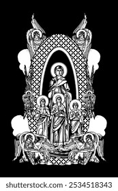 Holy Martyrs Faith, Hope, Love and their mother Sophia. Illustration with angels and seraphim in heaven black and white in Byzantine style