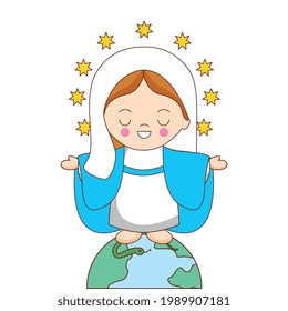 holy mary cartoon with stars crown stepping on a snake over earth planet. vector illustration