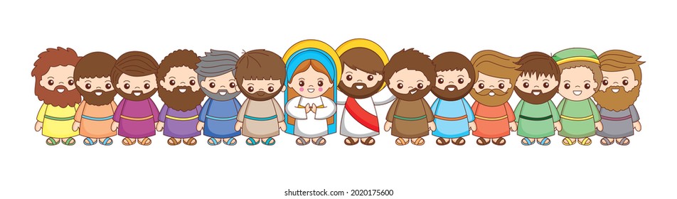 holy mary with disciples cartoon isolated over white background. vector illustration