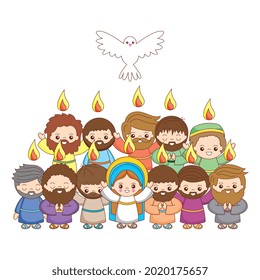 holy mary and disciples with holy spirit cartoon. vector illustration