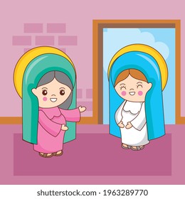 holy mary with isabel cousin in the house. the visit of holy mary to her cousin saint isabel. vector illustration