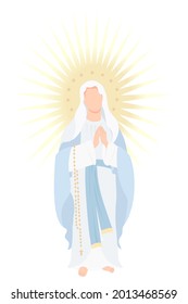 Holy Mary Mother of God the Queen of Heaven. Virgin Mary in blue maforia prays meekly with rosary. Vector illustration for Christian and Catholic communities, design, decor of religious holidays