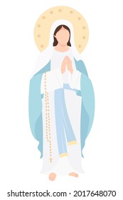 Holy Mary Mother of God the Queen of Heaven. Virgin Mary stands with her hands folded and prays meekly. Vector illustration for Christian and Catholic communities, design, decor of religious holidays