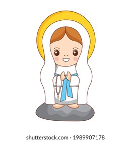 holy mary praying with rosary cartoon over stone. vector illustration