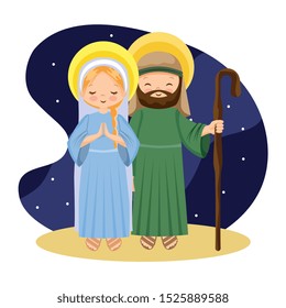 holy mary and saint joseph cartoon in the night. vector illustration