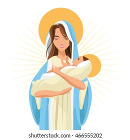 Holy mary woman girl baby jesus cartoon religion saint icon. Pastel colored and isolated illustration. Vector graphic