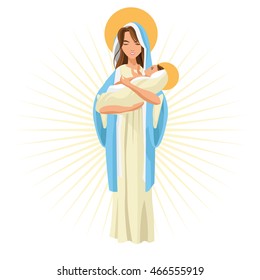 Holy mary woman girl baby jesus cartoon religion saint icon. Pastel colored and isolated illustration. Vector graphic