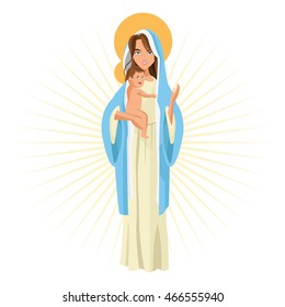 Holy mary woman girl baby jesus cartoon religion saint icon. Pastel colored and isolated illustration. Vector graphic