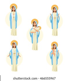 Holy mary woman girl baby jesus cartoon religion saint icon. Pastel colored and isolated illustration. Vector graphic