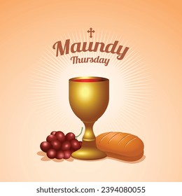 Holy Maundy Thursday week. Vector illustration OF Chalice, bread and grapes.