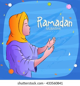 Holy Month of Fasting, Ramadan Kareem Celebration, Illustration of Young Praying Islamic Woman in Traditional Outfit, Elegant Greeting Card.