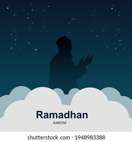 Holy month of islam ramadhan kareem with man pray at night. Illustration vector graphic perfect for concept of presentation, banner, cover and promotion