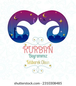 Holy Month of Muslim Community  Feast of the Sacrifice greeting card, social media template, poster.(Turkish translation: Kurban Bayramımız mübarek olsun.)