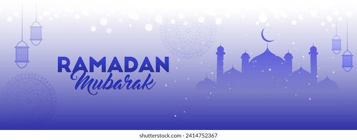 Holy Month of Muslim Community Festival Ramadan Mubarak Header or Banner Design with Silhouette Mosque, Hanging Lantern on Light Purple Bokeh Mandala Pattern Background.