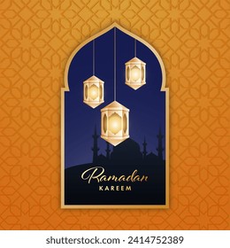 Holy Month of Muslim Community Festival Ramadan Kareem Celebration Concept with Golden Illuminate Lantern Decorate Silhouette Mosque on Yellow Floral Pattern Background.