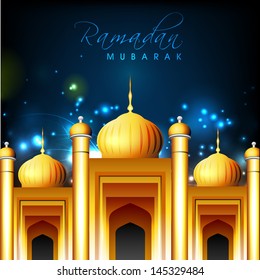 Holy month of Muslim community Ramadan Kareem with illustration of golden mosque.