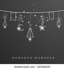 Holy month of muslim community Ramadan Kareem background with hanging arabic lanterns, stars and moon.