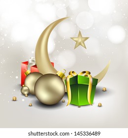 Holy month of muslim community Ramadan Kareem with golden moon and gift boxes on abstract background.