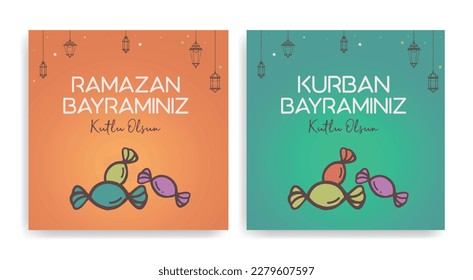 Holy Month of Muslim Community Ramadan Kareem, Feast of the Sacrifice greeting card, social media template, poster.(Turkish translation: Ramazan Bayramınız kutlu olsun. Kurban Bayramınız kutlu olsun.)